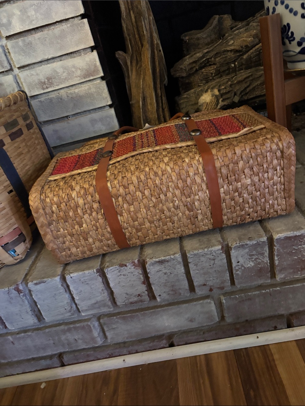 Vintage Woven Straw Tote with Brown Leather Handles - Picture 6 of 7